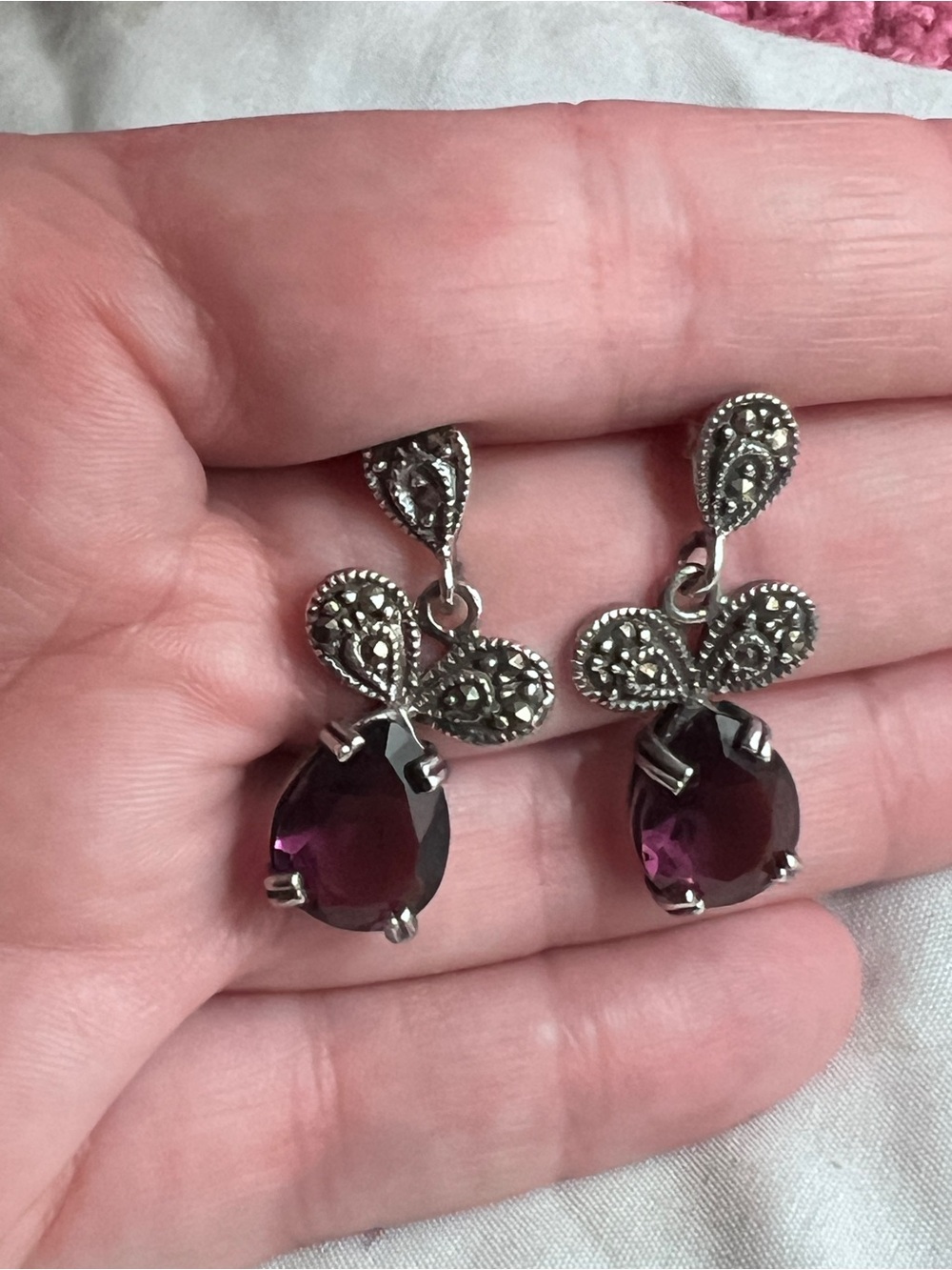 VTG Sterling Silver marcasite butterfly dangle earrings w/ purple teardrop stone
